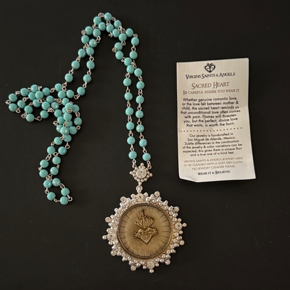 VSA CLOISTER SACRED HEART NECKLACE 4MM TURQUOISE BEADS - NWT - Picture 11 of 12